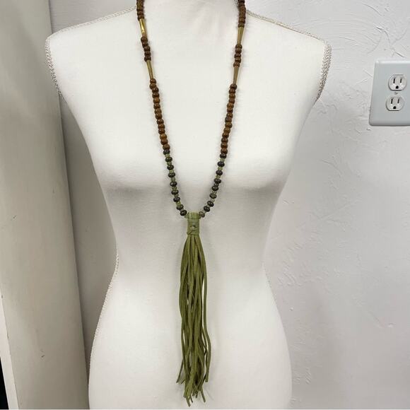 Fabulina Brown & Green Beaded Long Tassel Boho Necklace - Picture 1 of 7